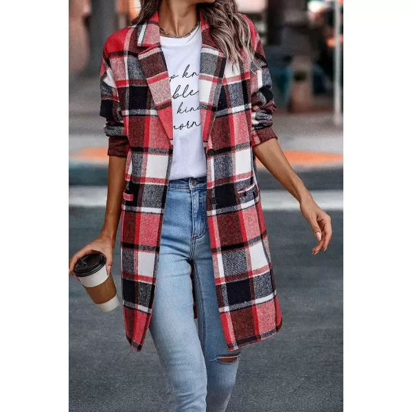 imagePRETTYGARDEN Womens 2023 Plaid Shacket Jacket Casual Button Wool Blend Winter Tartan Trench Coat With PocketsBrilliant Red