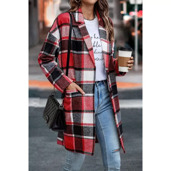 imagePRETTYGARDEN Womens 2023 Plaid Shacket Jacket Casual Button Wool Blend Winter Tartan Trench Coat With PocketsBrilliant Red