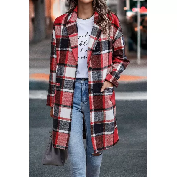 imagePRETTYGARDEN Womens 2023 Plaid Shacket Jacket Casual Button Wool Blend Winter Tartan Trench Coat With PocketsBrilliant Red