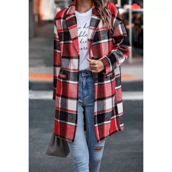 imagePRETTYGARDEN Womens 2023 Plaid Shacket Jacket Casual Button Wool Blend Winter Tartan Trench Coat With PocketsBrilliant Red
