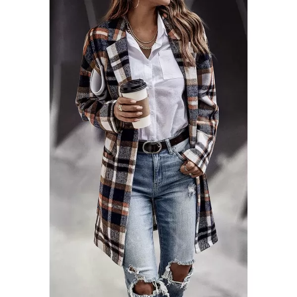 imagePRETTYGARDEN Womens 2023 Plaid Shacket Jacket Casual Button Wool Blend Winter Tartan Trench Coat With PocketsBrown