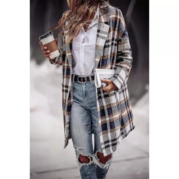 imagePRETTYGARDEN Womens 2023 Plaid Shacket Jacket Casual Button Wool Blend Winter Tartan Trench Coat With PocketsBrown