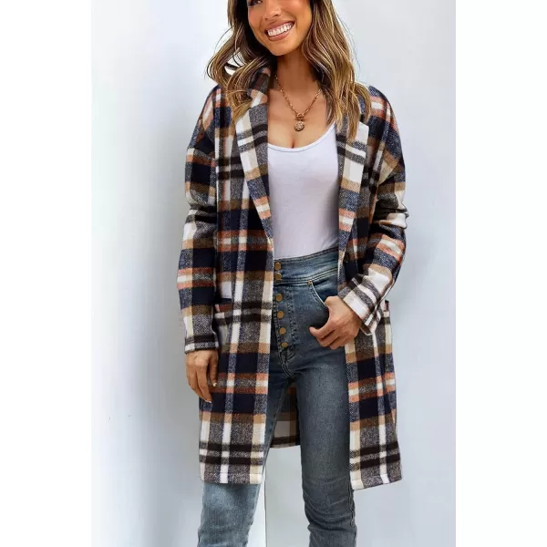 imagePRETTYGARDEN Womens 2023 Plaid Shacket Jacket Casual Button Wool Blend Winter Tartan Trench Coat With PocketsBrown