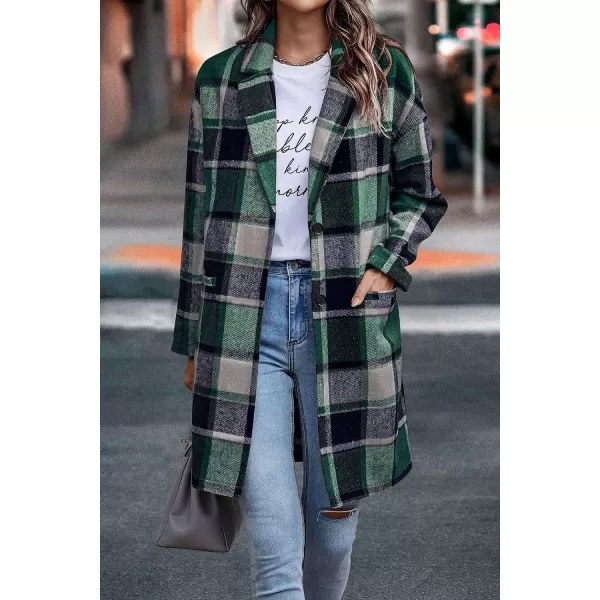 imagePRETTYGARDEN Womens 2023 Plaid Shacket Jacket Casual Button Wool Blend Winter Tartan Trench Coat With PocketsDark Green