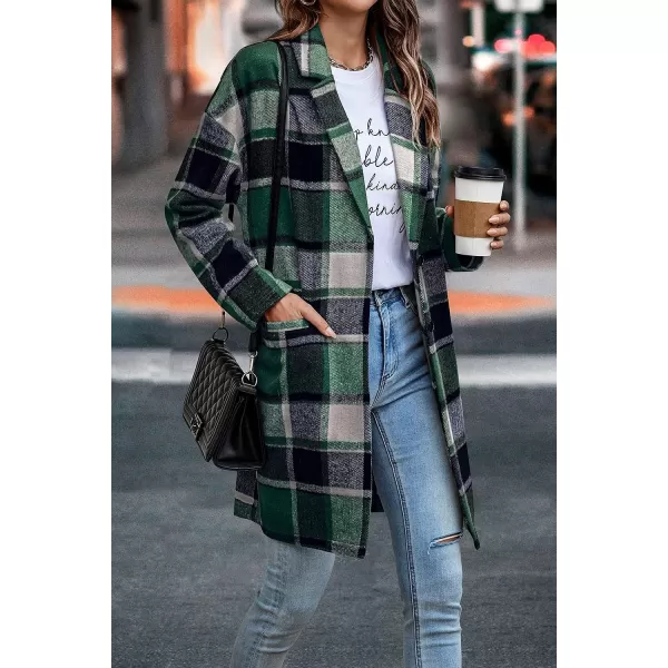 imagePRETTYGARDEN Womens 2023 Plaid Shacket Jacket Casual Button Wool Blend Winter Tartan Trench Coat With PocketsDark Green
