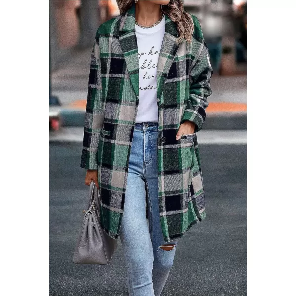 imagePRETTYGARDEN Womens 2023 Plaid Shacket Jacket Casual Button Wool Blend Winter Tartan Trench Coat With PocketsDark Green