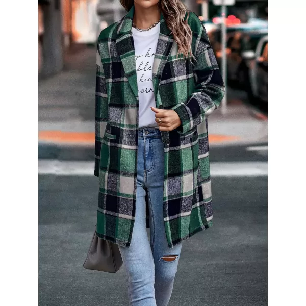 imagePRETTYGARDEN Womens 2023 Plaid Shacket Jacket Casual Button Wool Blend Winter Tartan Trench Coat With PocketsDark Green