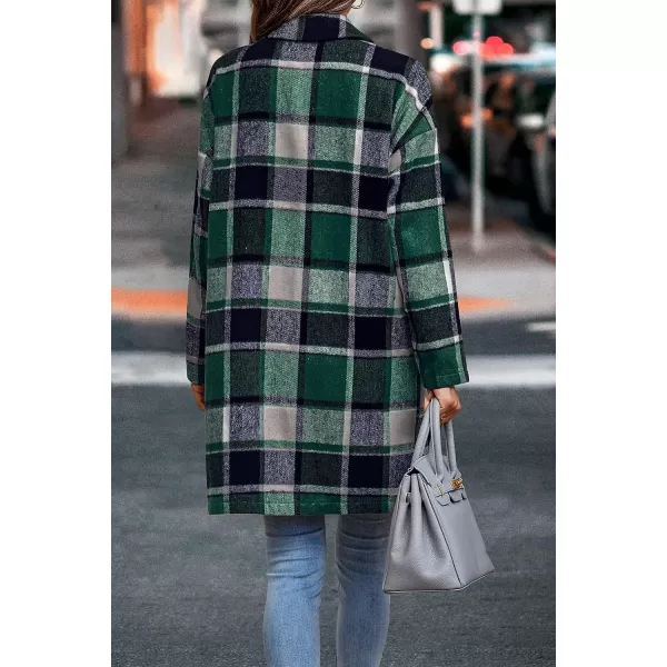 imagePRETTYGARDEN Womens 2023 Plaid Shacket Jacket Casual Button Wool Blend Winter Tartan Trench Coat With PocketsDark Green