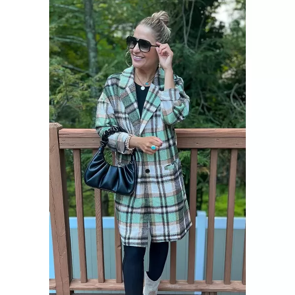 imagePRETTYGARDEN Womens 2023 Plaid Shacket Jacket Casual Button Wool Blend Winter Tartan Trench Coat With PocketsGreen