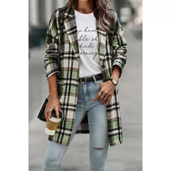 imagePRETTYGARDEN Womens 2023 Plaid Shacket Jacket Casual Button Wool Blend Winter Tartan Trench Coat With PocketsGreen
