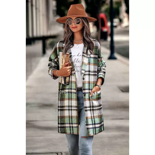 imagePRETTYGARDEN Womens 2023 Plaid Shacket Jacket Casual Button Wool Blend Winter Tartan Trench Coat With PocketsGreen