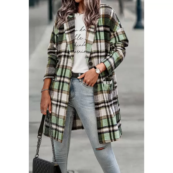 imagePRETTYGARDEN Womens 2023 Plaid Shacket Jacket Casual Button Wool Blend Winter Tartan Trench Coat With PocketsGreen