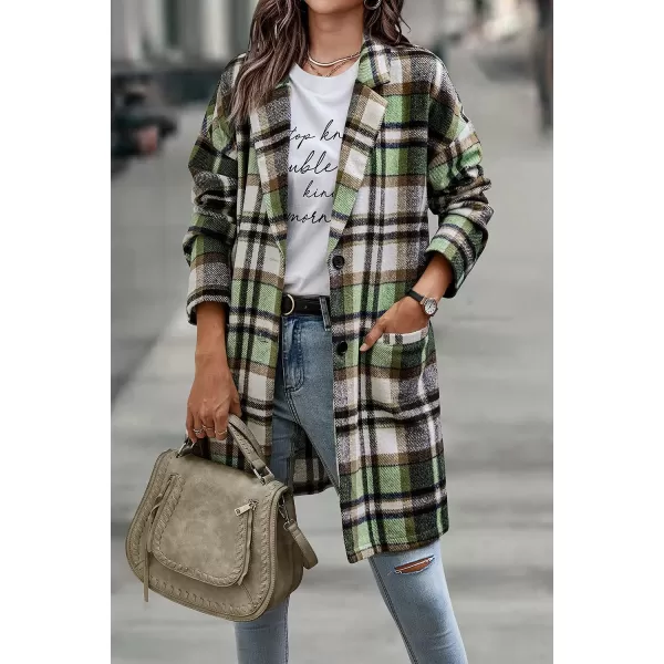 imagePRETTYGARDEN Womens 2023 Plaid Shacket Jacket Casual Button Wool Blend Winter Tartan Trench Coat With PocketsGreen