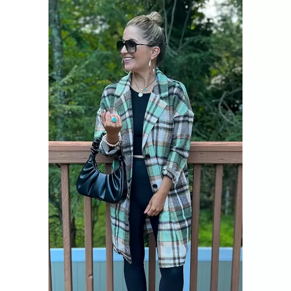 imagePRETTYGARDEN Womens 2023 Plaid Shacket Jacket Casual Button Wool Blend Winter Tartan Trench Coat With PocketsGreen