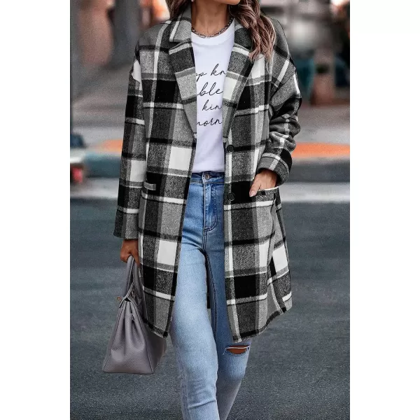 imagePRETTYGARDEN Womens 2023 Plaid Shacket Jacket Casual Button Wool Blend Winter Tartan Trench Coat With PocketsGrey
