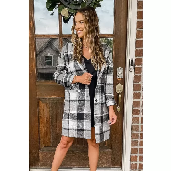 imagePRETTYGARDEN Womens 2023 Plaid Shacket Jacket Casual Button Wool Blend Winter Tartan Trench Coat With PocketsGrey