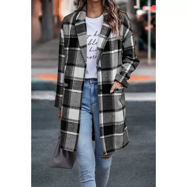 imagePRETTYGARDEN Womens 2023 Plaid Shacket Jacket Casual Button Wool Blend Winter Tartan Trench Coat With PocketsGrey