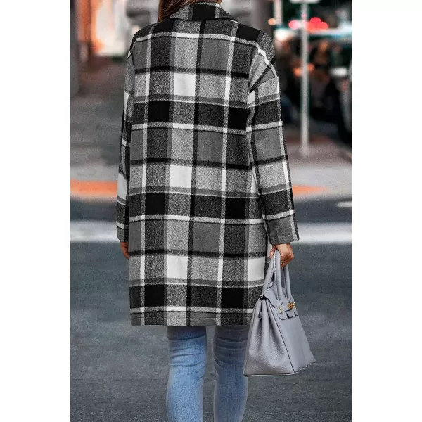 imagePRETTYGARDEN Womens 2023 Plaid Shacket Jacket Casual Button Wool Blend Winter Tartan Trench Coat With PocketsGrey