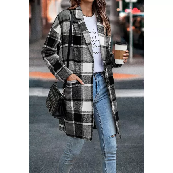 imagePRETTYGARDEN Womens 2023 Plaid Shacket Jacket Casual Button Wool Blend Winter Tartan Trench Coat With PocketsGrey