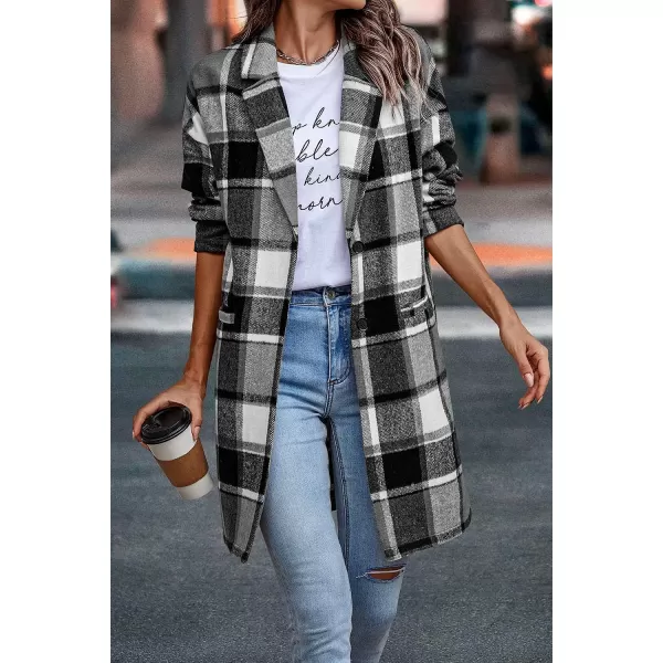 imagePRETTYGARDEN Womens 2023 Plaid Shacket Jacket Casual Button Wool Blend Winter Tartan Trench Coat With PocketsGrey