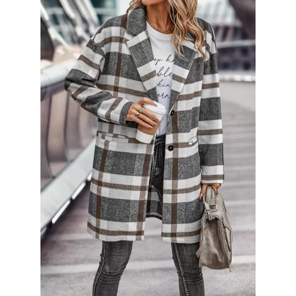 imagePRETTYGARDEN Womens 2023 Plaid Shacket Jacket Casual Button Wool Blend Winter Tartan Trench Coat With PocketsGrey White