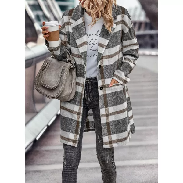 imagePRETTYGARDEN Womens 2023 Plaid Shacket Jacket Casual Button Wool Blend Winter Tartan Trench Coat With PocketsGrey White