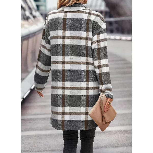 imagePRETTYGARDEN Womens 2023 Plaid Shacket Jacket Casual Button Wool Blend Winter Tartan Trench Coat With PocketsGrey White