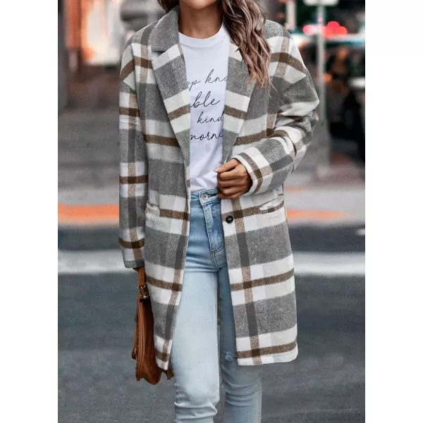 imagePRETTYGARDEN Womens 2023 Plaid Shacket Jacket Casual Button Wool Blend Winter Tartan Trench Coat With PocketsGrey White