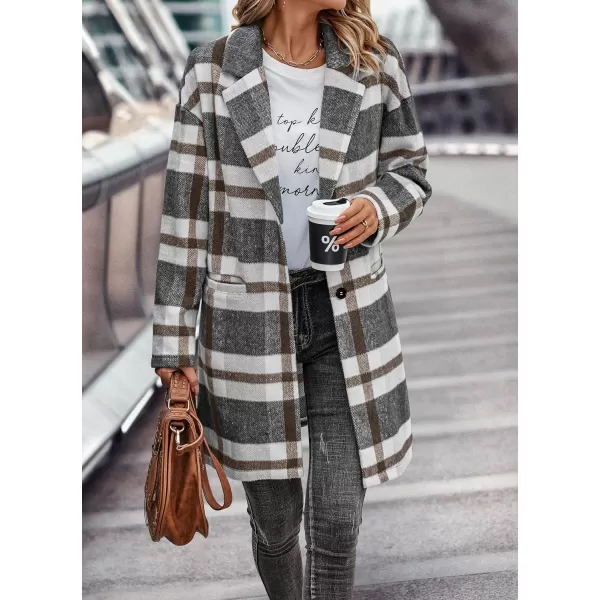 imagePRETTYGARDEN Womens 2023 Plaid Shacket Jacket Casual Button Wool Blend Winter Tartan Trench Coat With PocketsGrey White