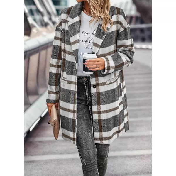imagePRETTYGARDEN Womens 2023 Plaid Shacket Jacket Casual Button Wool Blend Winter Tartan Trench Coat With PocketsGrey White