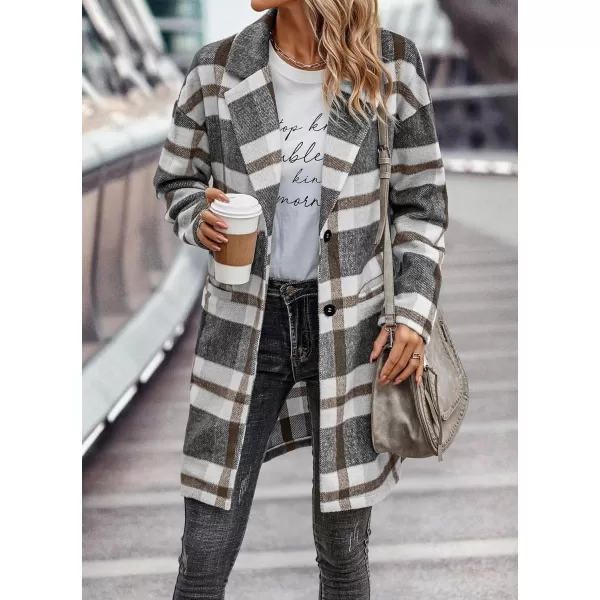 imagePRETTYGARDEN Womens 2023 Plaid Shacket Jacket Casual Button Wool Blend Winter Tartan Trench Coat With PocketsGrey White