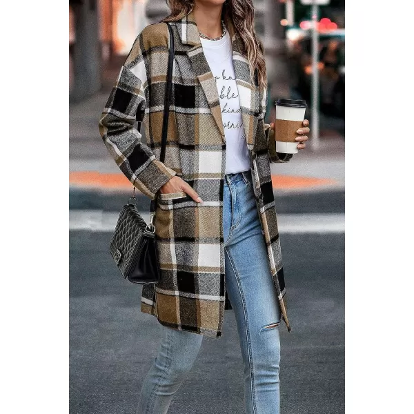 imagePRETTYGARDEN Womens 2023 Plaid Shacket Jacket Casual Button Wool Blend Winter Tartan Trench Coat With PocketsKhaki