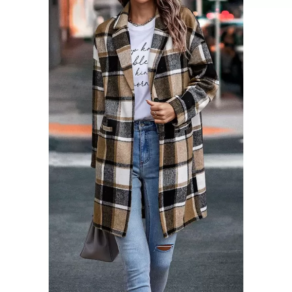 imagePRETTYGARDEN Womens 2023 Plaid Shacket Jacket Casual Button Wool Blend Winter Tartan Trench Coat With PocketsKhaki