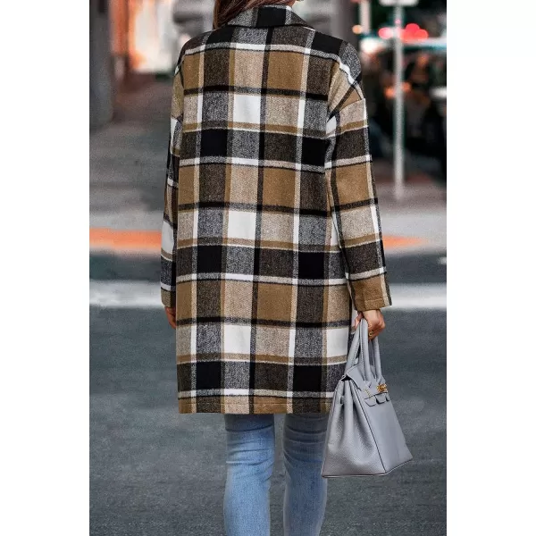 imagePRETTYGARDEN Womens 2023 Plaid Shacket Jacket Casual Button Wool Blend Winter Tartan Trench Coat With PocketsKhaki