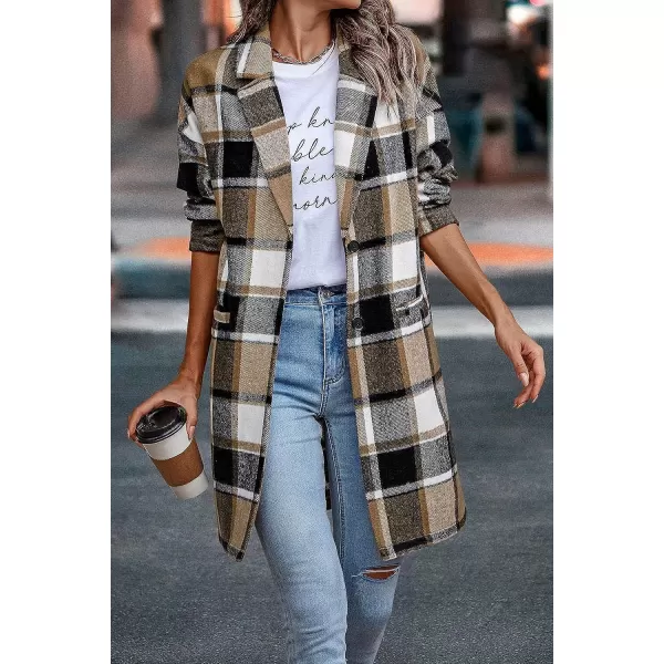 imagePRETTYGARDEN Womens 2023 Plaid Shacket Jacket Casual Button Wool Blend Winter Tartan Trench Coat With PocketsKhaki