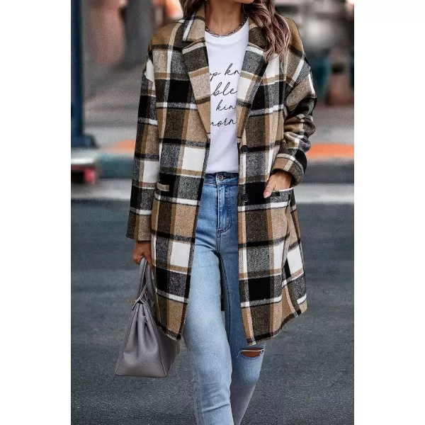 imagePRETTYGARDEN Womens 2023 Plaid Shacket Jacket Casual Button Wool Blend Winter Tartan Trench Coat With PocketsKhaki