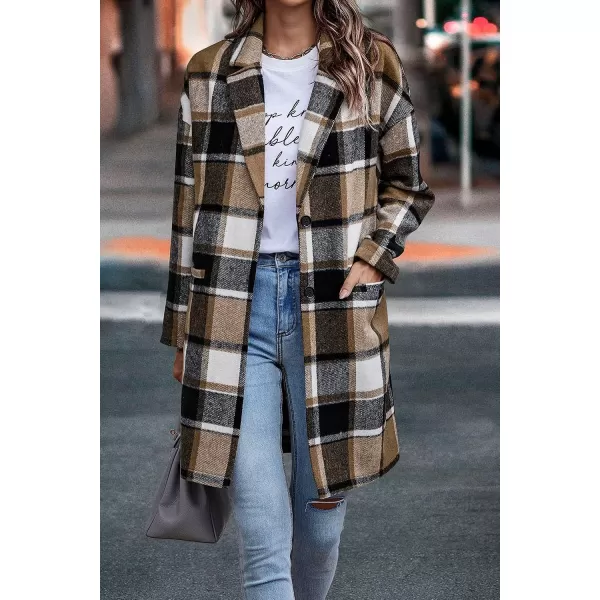 imagePRETTYGARDEN Womens 2023 Plaid Shacket Jacket Casual Button Wool Blend Winter Tartan Trench Coat With PocketsKhaki