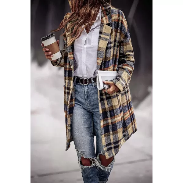 imagePRETTYGARDEN Womens 2023 Plaid Shacket Jacket Casual Button Wool Blend Winter Tartan Trench Coat With PocketsNavy