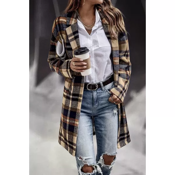 imagePRETTYGARDEN Womens 2023 Plaid Shacket Jacket Casual Button Wool Blend Winter Tartan Trench Coat With PocketsNavy