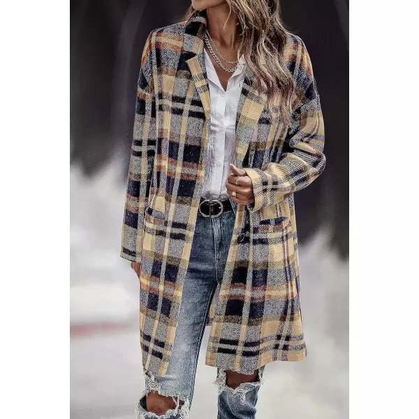 imagePRETTYGARDEN Womens 2023 Plaid Shacket Jacket Casual Button Wool Blend Winter Tartan Trench Coat With PocketsNavy