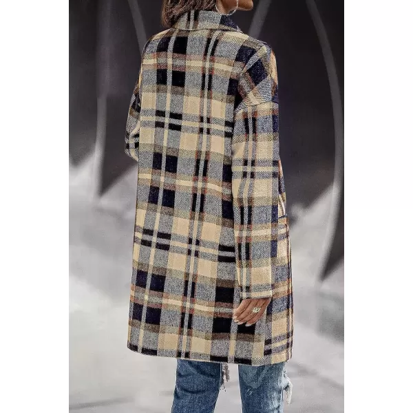 imagePRETTYGARDEN Womens 2023 Plaid Shacket Jacket Casual Button Wool Blend Winter Tartan Trench Coat With PocketsNavy