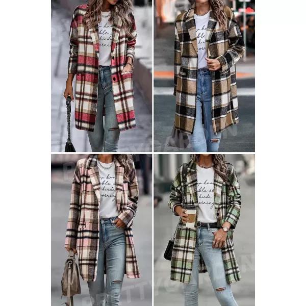 imagePRETTYGARDEN Womens 2023 Plaid Shacket Jacket Casual Button Wool Blend Winter Tartan Trench Coat With PocketsNavy
