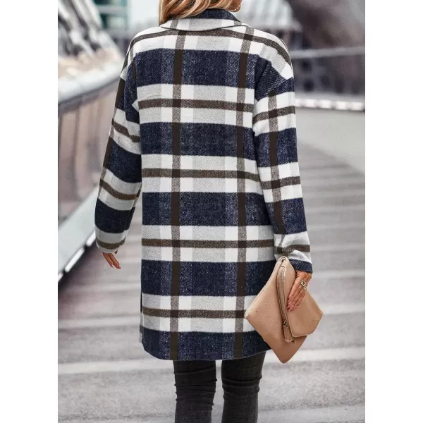 imagePRETTYGARDEN Womens 2023 Plaid Shacket Jacket Casual Button Wool Blend Winter Tartan Trench Coat With PocketsNavy White