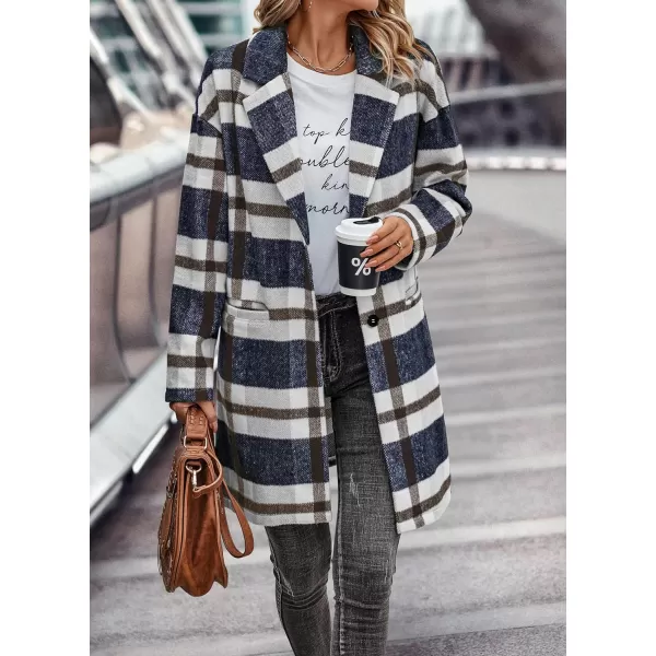 imagePRETTYGARDEN Womens 2023 Plaid Shacket Jacket Casual Button Wool Blend Winter Tartan Trench Coat With PocketsNavy White