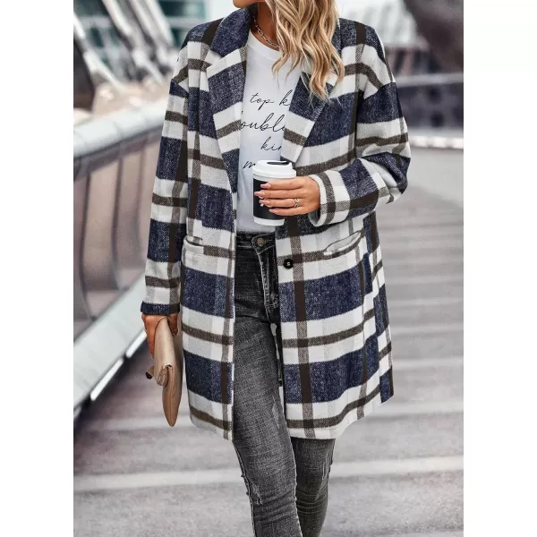 imagePRETTYGARDEN Womens 2023 Plaid Shacket Jacket Casual Button Wool Blend Winter Tartan Trench Coat With PocketsNavy White