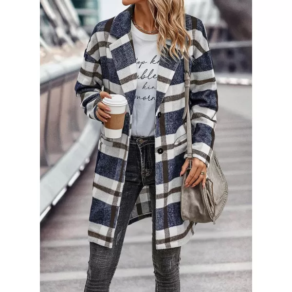 imagePRETTYGARDEN Womens 2023 Plaid Shacket Jacket Casual Button Wool Blend Winter Tartan Trench Coat With PocketsNavy White