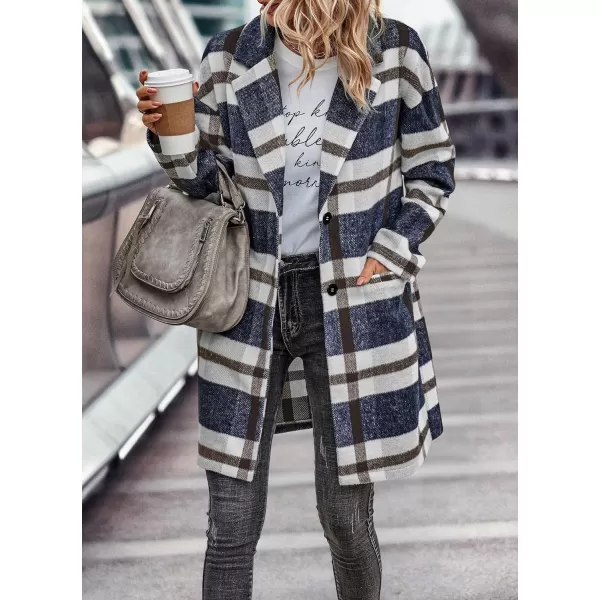 imagePRETTYGARDEN Womens 2023 Plaid Shacket Jacket Casual Button Wool Blend Winter Tartan Trench Coat With PocketsNavy White