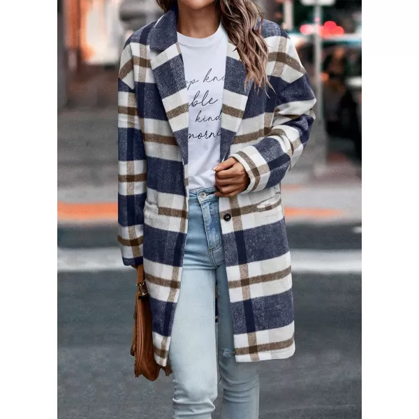 imagePRETTYGARDEN Womens 2023 Plaid Shacket Jacket Casual Button Wool Blend Winter Tartan Trench Coat With PocketsNavy White