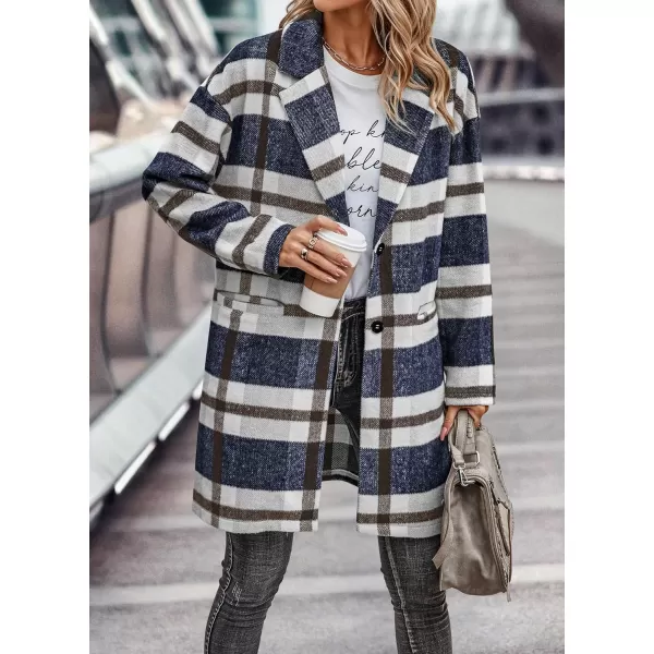 imagePRETTYGARDEN Womens 2023 Plaid Shacket Jacket Casual Button Wool Blend Winter Tartan Trench Coat With PocketsNavy White