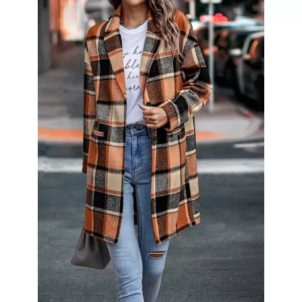 imagePRETTYGARDEN Womens 2023 Plaid Shacket Jacket Casual Button Wool Blend Winter Tartan Trench Coat With PocketsOrange